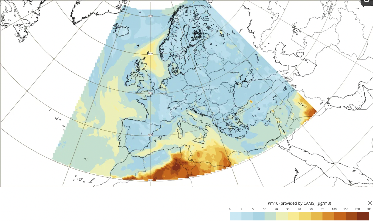 An example of CAMS daily regional forecasts for PM10 available on the CAMS charts page. Credit: European Union, Copernicus Atmosphere Monitoring Service data