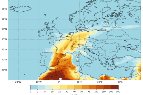 OBSERVER: Putting the ‘quality’ in air quality measurements The image is a forecast map from the CAMS Regional Ensemble, showing the daily maximum dust concentration at ground level for 8 April 2024. The map covers Europe and parts of Northern Africa, with varying colours representing different dust concentrations in micrograms per cubic metre (µg/m³). Darker shades of red and brown indicate higher dust levels, particularly over Spain, France, and North Africa. The map includes a scale bar at the bottom, with values ranging from 0 to 500 µg/m³. Logos for the Europea
