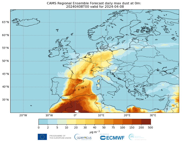 The image is a forecast map from the CAMS Regional Ensemble, showing the daily maximum dust concentration at ground level for 8 April 2024. The map covers Europe and parts of Northern Africa, with varying colours representing different dust concentrations in micrograms per cubic metre (µg/m³). Darker shades of red and brown indicate higher dust levels, particularly over Spain, France, and North Africa. The map includes a scale bar at the bottom, with values ranging from 0 to 500 µg/m³. Logos for the Europea